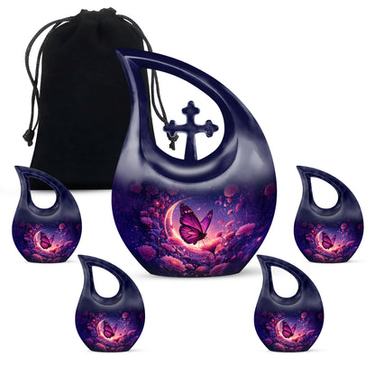 Steel Blue Butterfly Cremation Urn urn with complimentary velvet bag - faith-inspired cross-drop urn with butterfly pattern - memorial set with one large and four small urns
