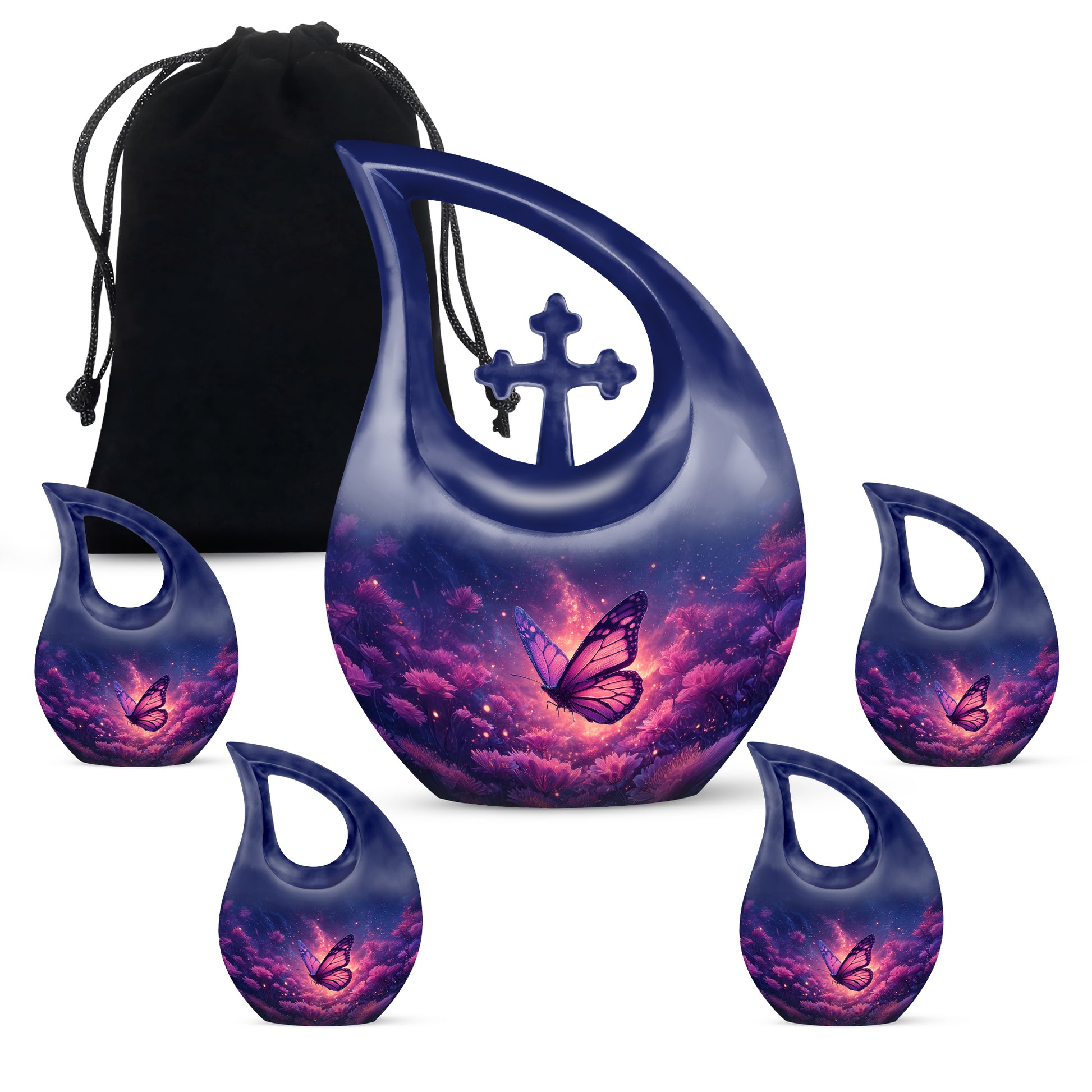 Soft Blue Butterfly Cremation Urn urn with complimentary velvet bag - devotional cross-drop butterfly engraving - memorial set with one large and four small urns