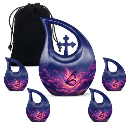 Soft Blue Butterfly Cremation Urn urn with complimentary velvet bag - devotional cross-drop butterfly engraving - memorial set with one large and four small urns