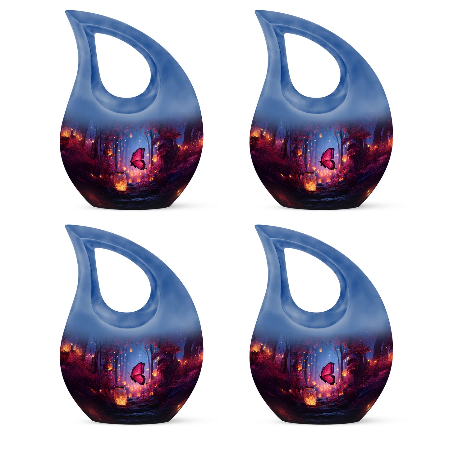 Sapphire Blue Butterfly Cremation Urn lifestyle display on memorial shelf - devotional cross-drop butterfly engraving - 10 inch aluminum urn for cremated remains