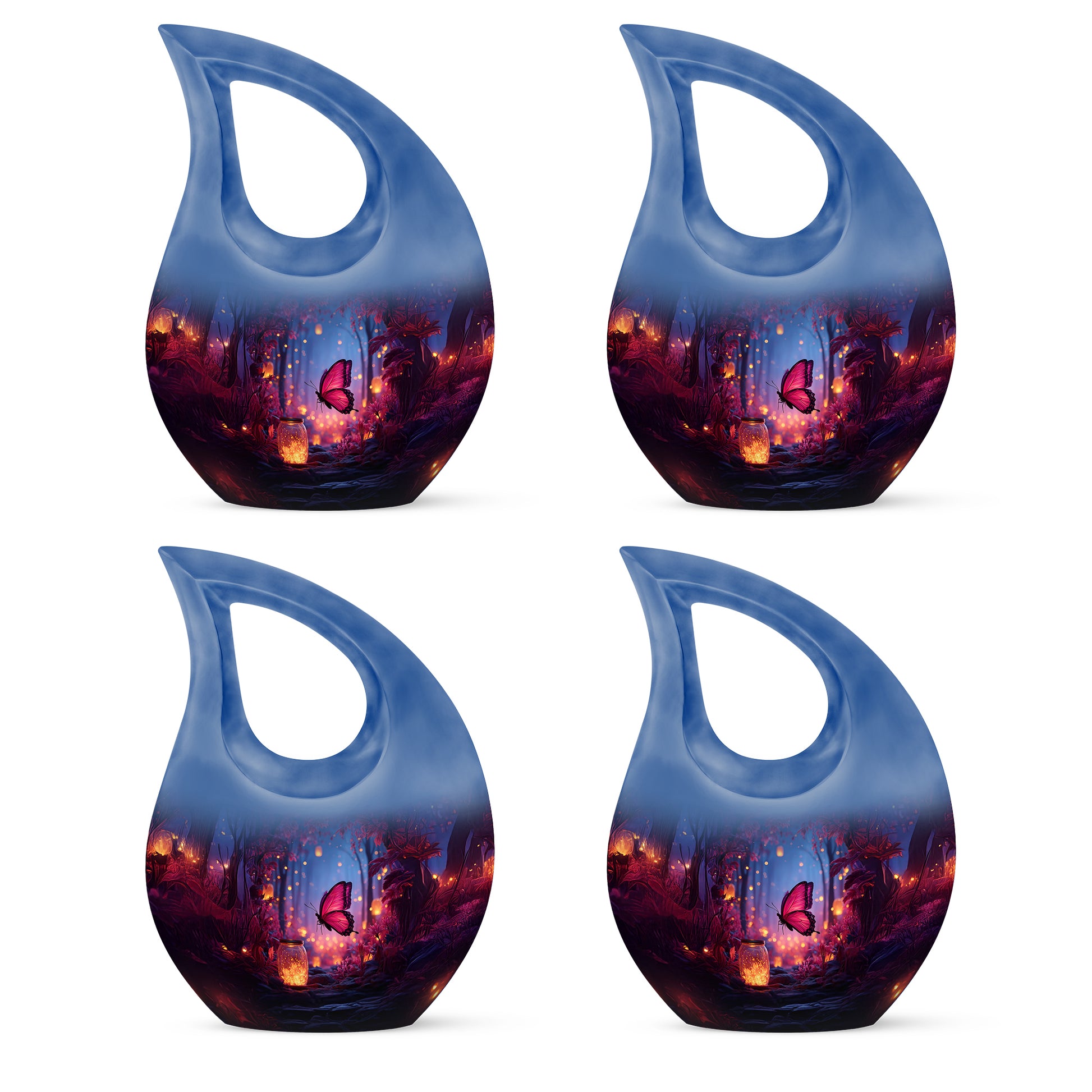 Sapphire Blue Butterfly Cremation Urn lifestyle display on memorial shelf - devotional cross-drop butterfly engraving - 10 inch aluminum urn for cremated remains