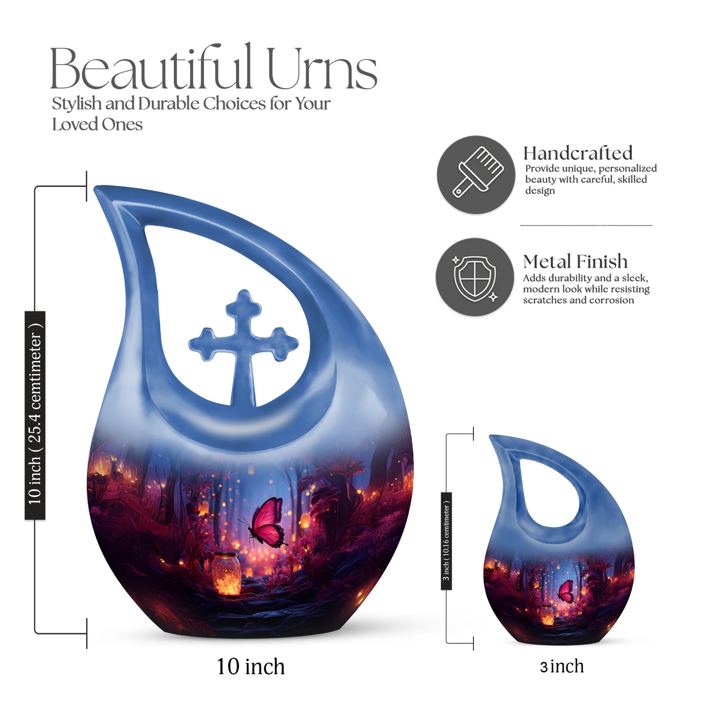 Cobalt Blue Butterfly Cremation Urn back view with polished surface - faith-inspired cross-drop urn with butterfly pattern - mini keepsake memorial for portion of cremation ashes