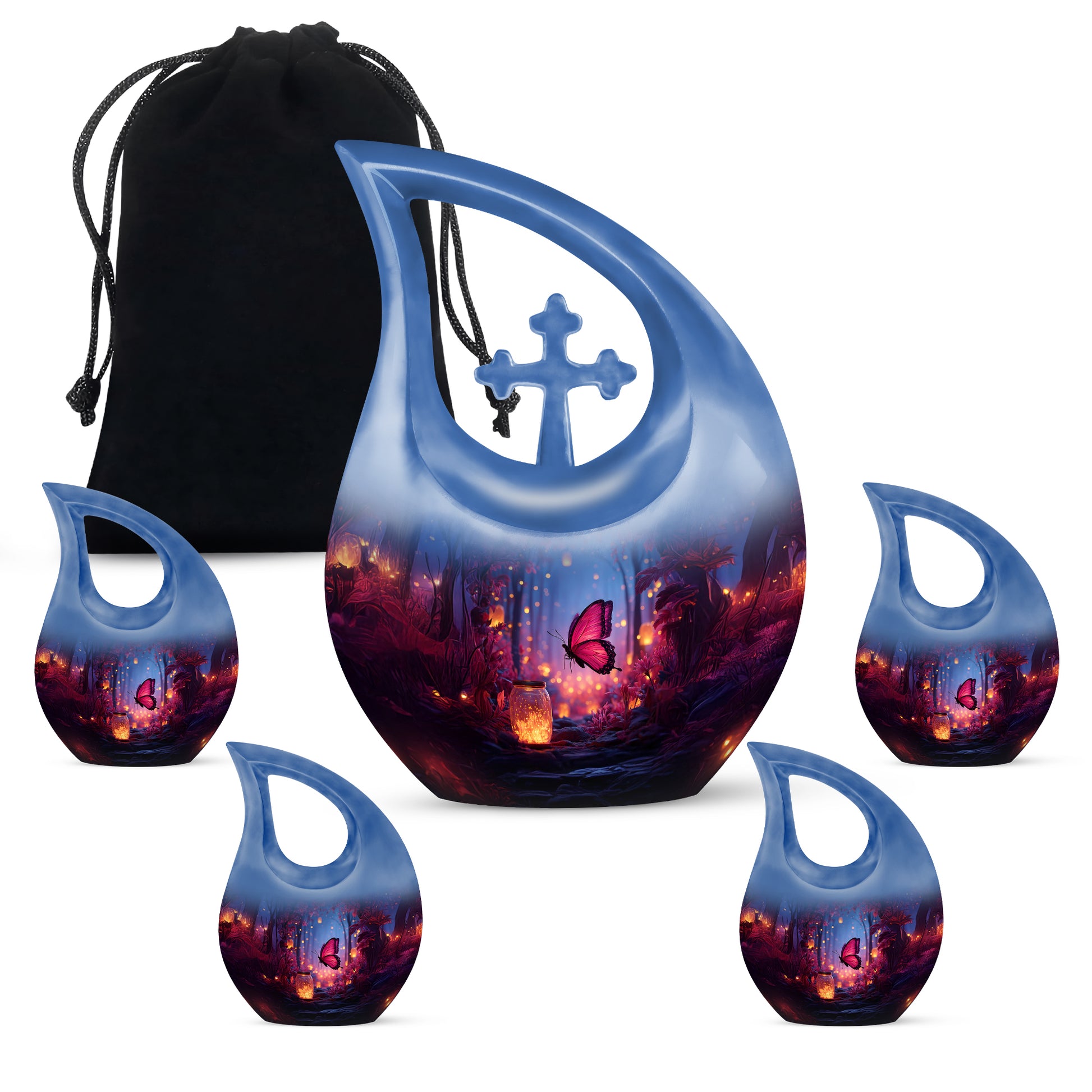 Slate Blue Butterfly Cremation Urn urn with complimentary velvet bag - sacred cross merged with butterfly motif on metal - memorial set with one large and four small urns