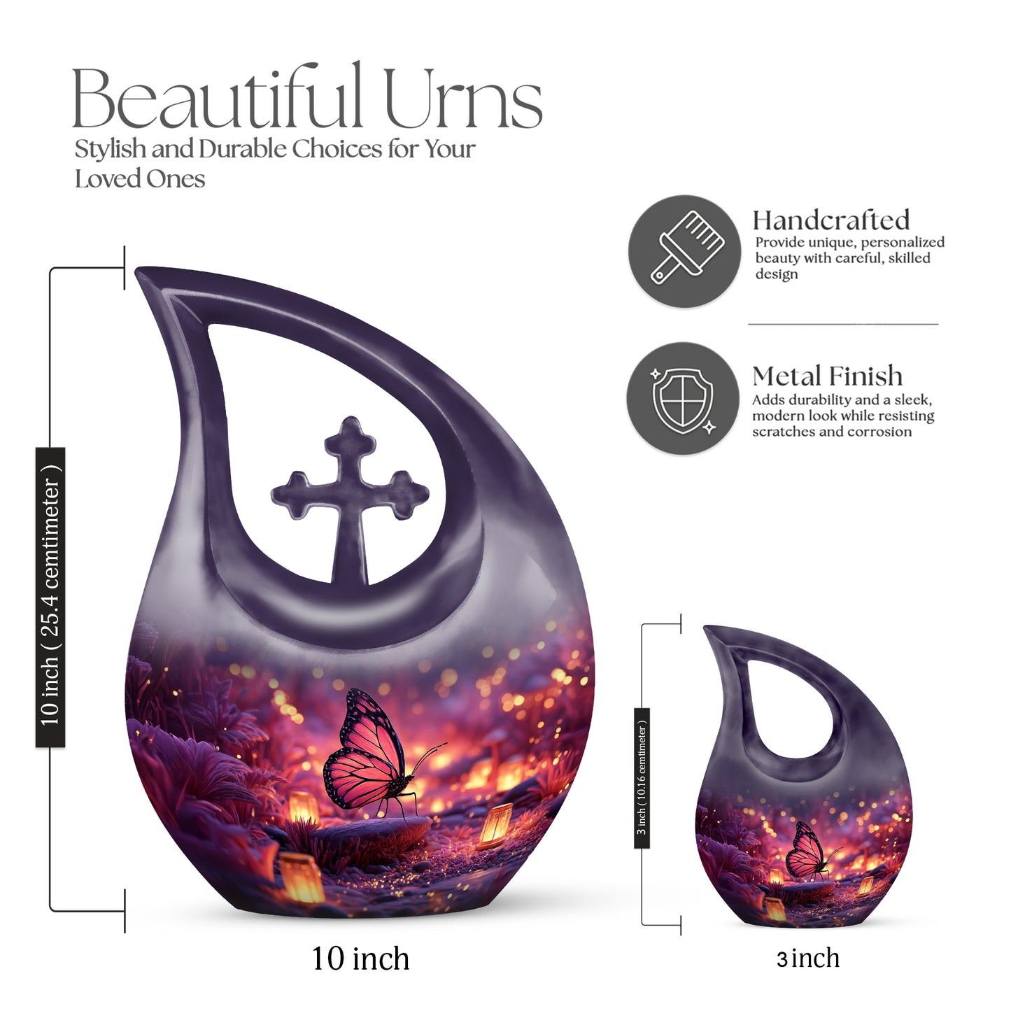 Misty Blue Butterfly Cremation Urn back view with polished surface - sacred cross merged with butterfly motif on metal - mini keepsake memorial for portion of cremation ashes