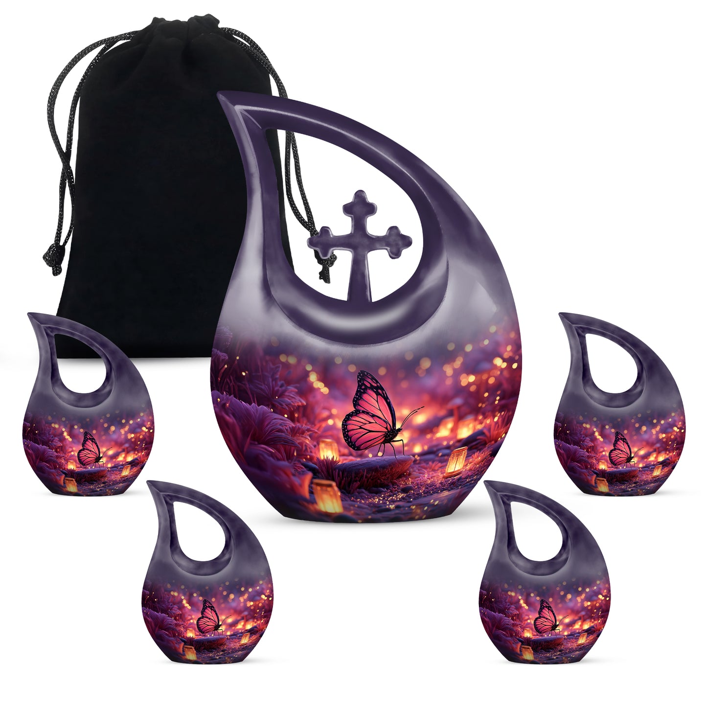 Celestial Blue Butterfly Cremation Urn urn with complimentary velvet bag - cross and butterfly combined in spiritual memorial design - memorial set with one large and four small urns