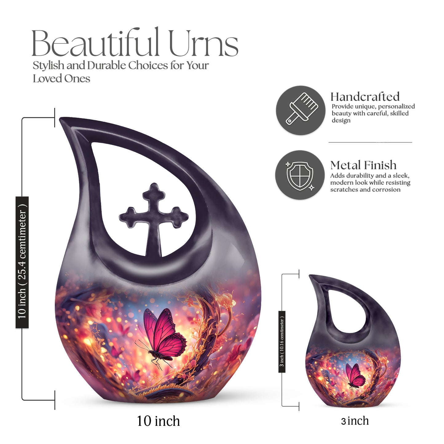Slate Blue Butterfly Cremation Urn back view with polished surface - sacred cross merged with butterfly motif on metal - mini keepsake memorial for portion of cremation ashes