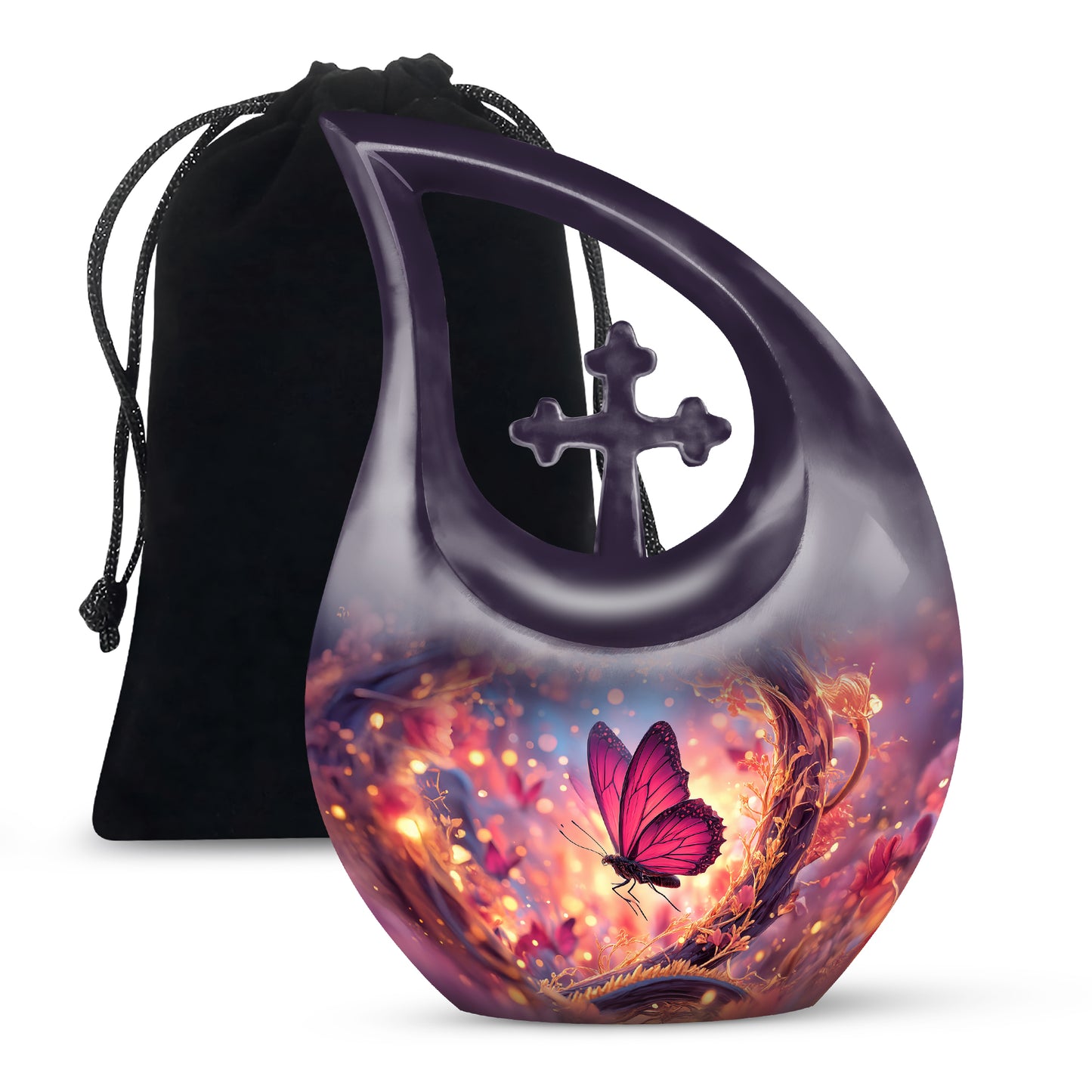 Cornflower Blue Butterfly Cremation Urn top-down view of secure threaded lid - devotional cross-drop butterfly engraving - full-size 10 inch 200 cubic inch adult cremation urn
