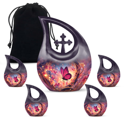 Icy Blue Butterfly Cremation Urn urn with complimentary velvet bag - cross and butterfly combined in spiritual memorial design - memorial set with one large and four small urns