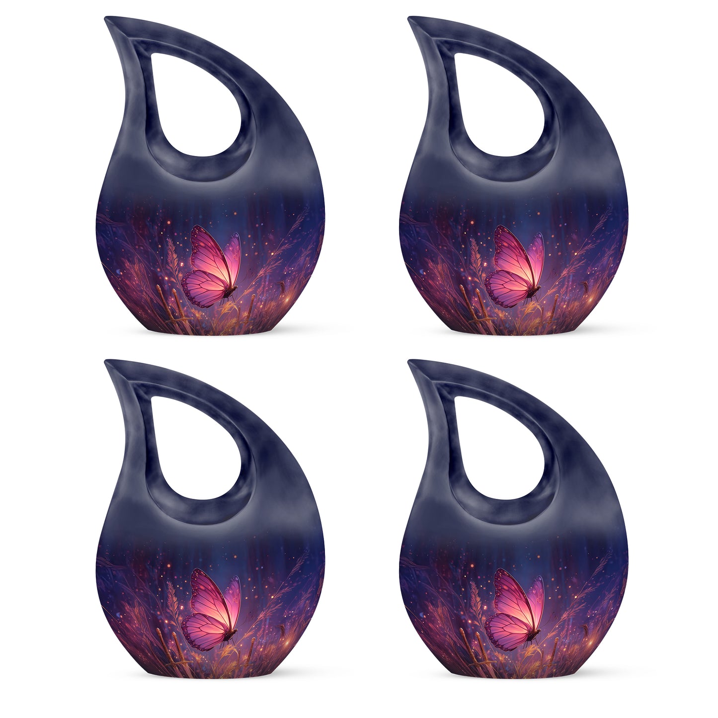 Twilight Blue Butterfly Cremation Urn lifestyle display on memorial shelf - devotional cross-drop butterfly engraving - 10 inch aluminum urn for cremated remains