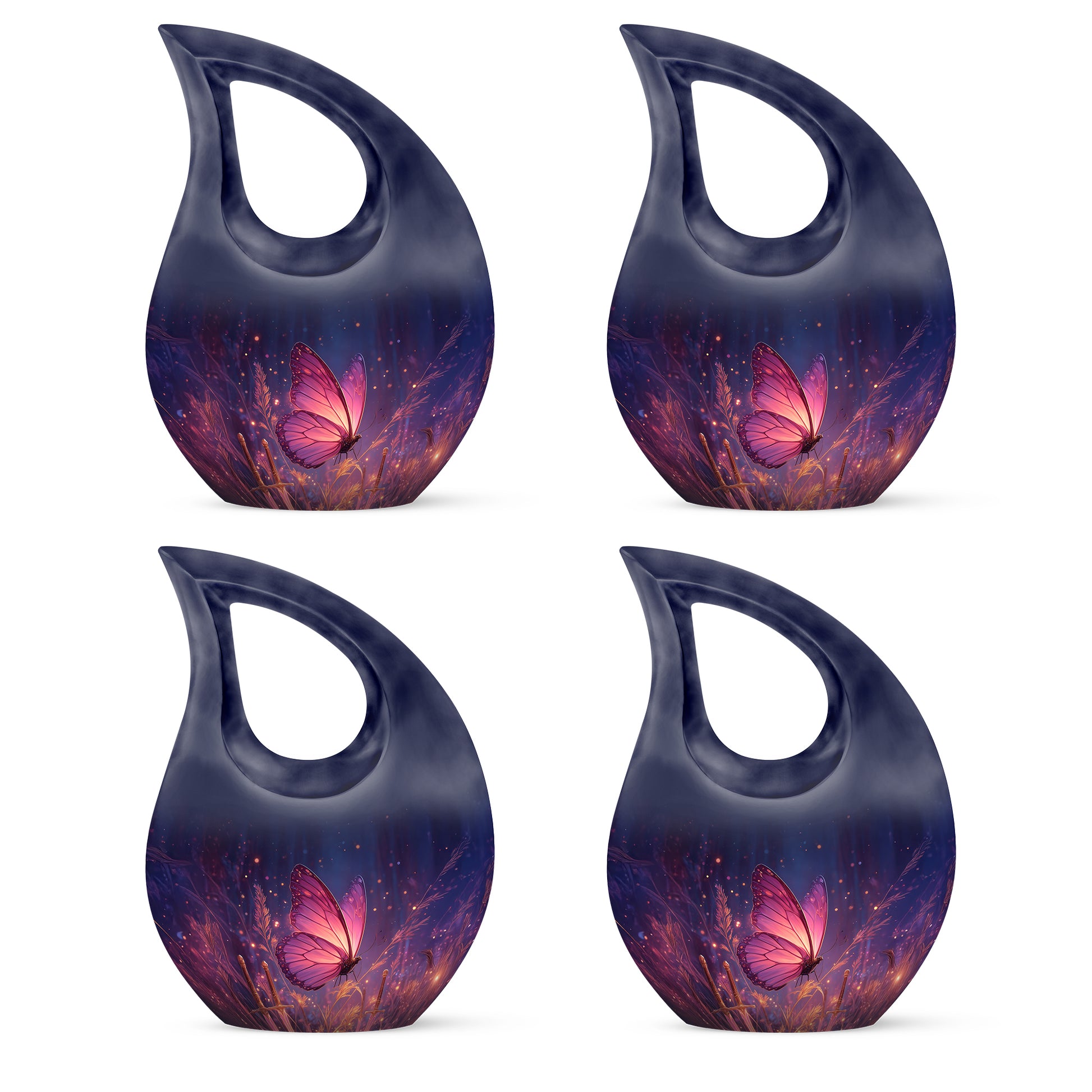 Twilight Blue Butterfly Cremation Urn lifestyle display on memorial shelf - devotional cross-drop butterfly engraving - 10 inch aluminum urn for cremated remains