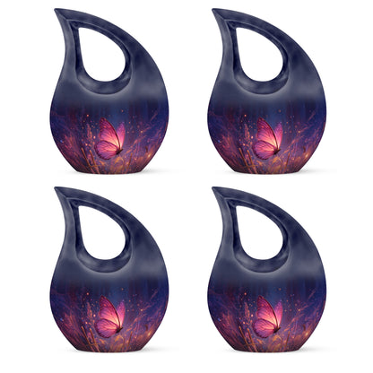 Twilight Blue Butterfly Cremation Urn lifestyle display on memorial shelf - devotional cross-drop butterfly engraving - 10 inch aluminum urn for cremated remains