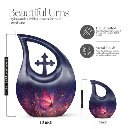 Cornflower Blue Butterfly Cremation Urn back view with polished surface - devotional cross-drop butterfly engraving - mini keepsake memorial for portion of cremation ashes