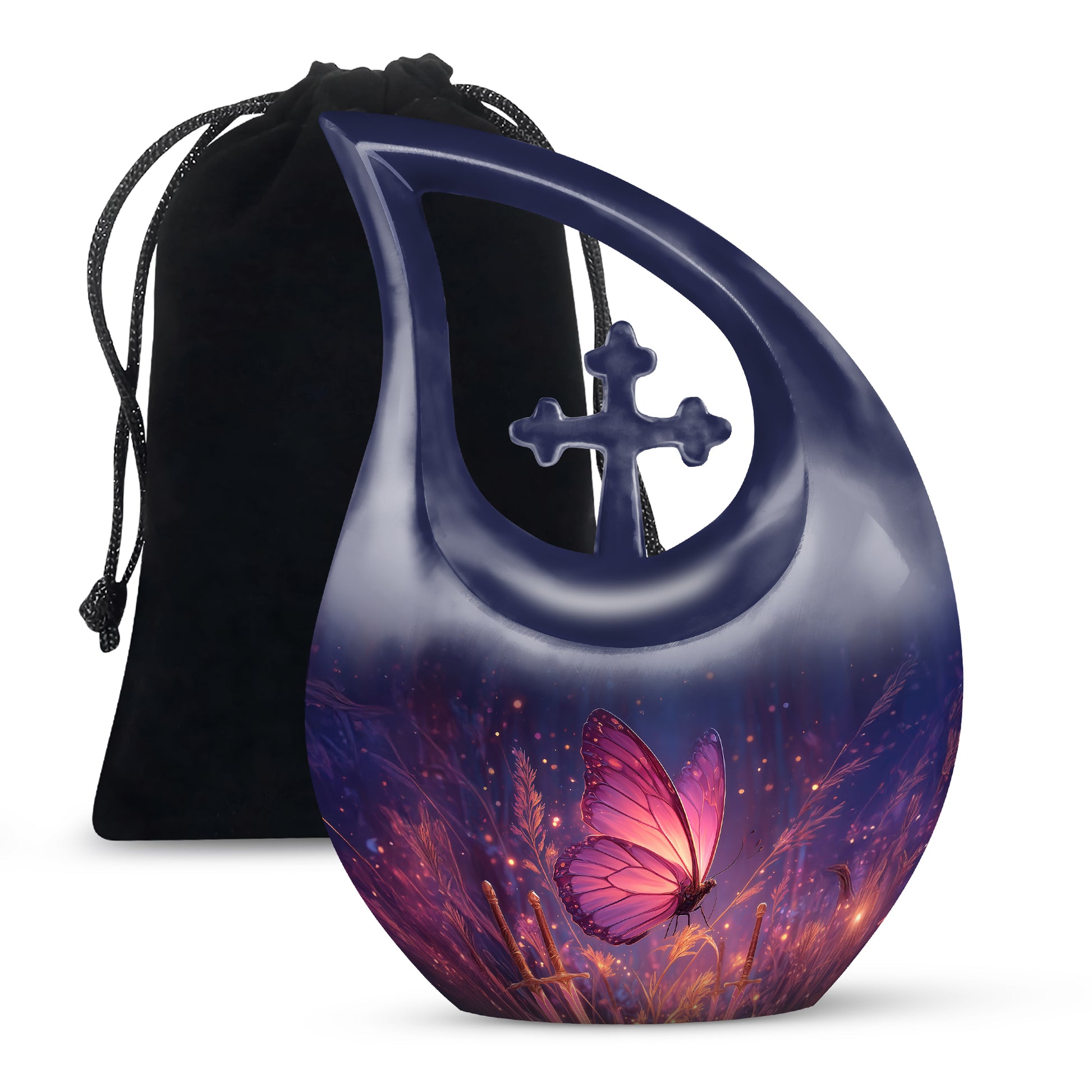 Sapphire Blue Butterfly Cremation Urn top-down view of secure threaded lid - devotional cross-drop butterfly engraving - full-size 10 inch 200 cubic inch adult cremation urn