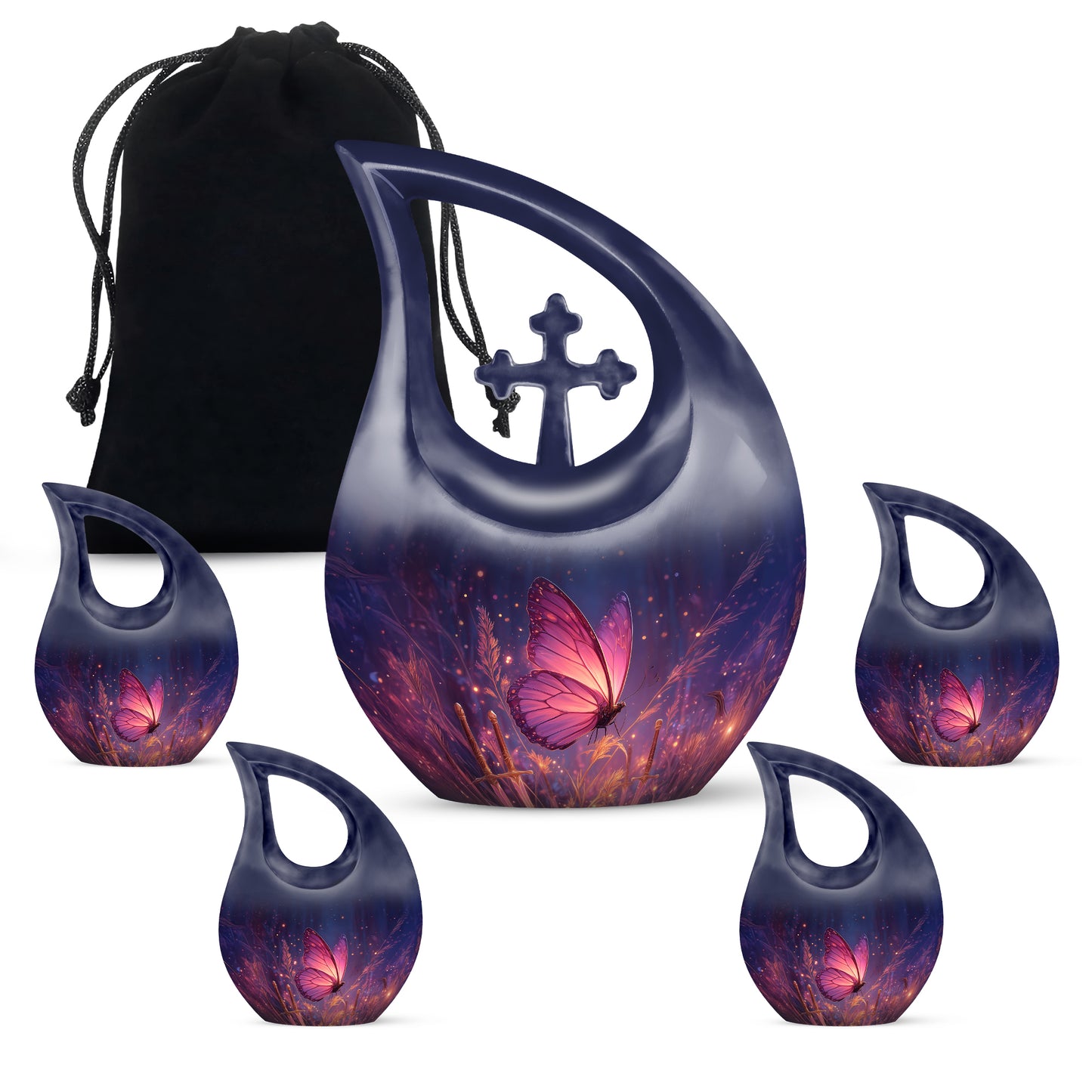 Icy Blue Butterfly Cremation Urn urn with complimentary velvet bag - cross and butterfly combined in spiritual memorial design - memorial set with one large and four small urns