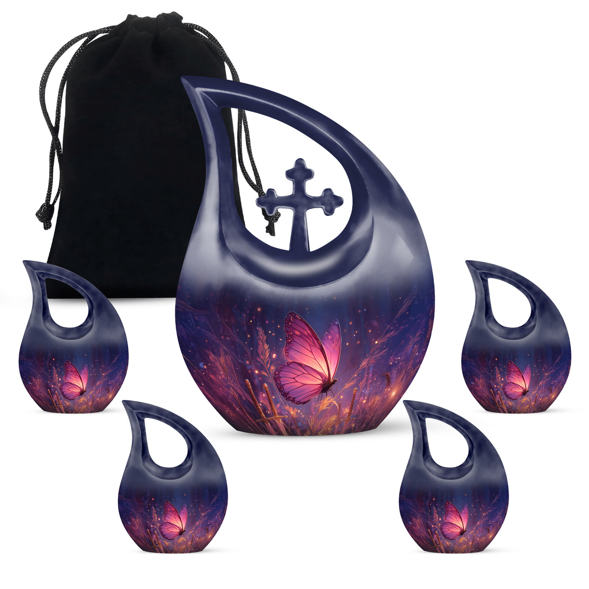 Icy Blue Butterfly Cremation Urn urn with complimentary velvet bag - cross and butterfly combined in spiritual memorial design - memorial set with one large and four small urns
