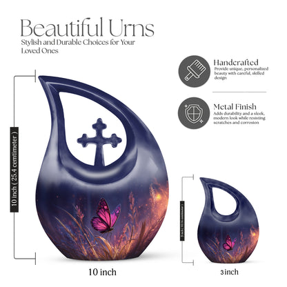 Cornflower Blue Butterfly Cremation Urn back view with polished surface - faith-inspired cross-drop urn with butterfly pattern - mini keepsake memorial for portion of cremation ashes