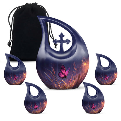Cobalt Blue Butterfly Cremation Urn urn with complimentary velvet bag - faith-inspired cross-drop urn with butterfly pattern - memorial set with one large and four small urns