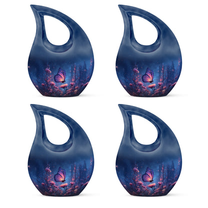 Celestial Blue Butterfly Cremation Urn lifestyle display on memorial shelf - sacred cross merged with butterfly motif on metal - 10 inch aluminum urn for cremated remains