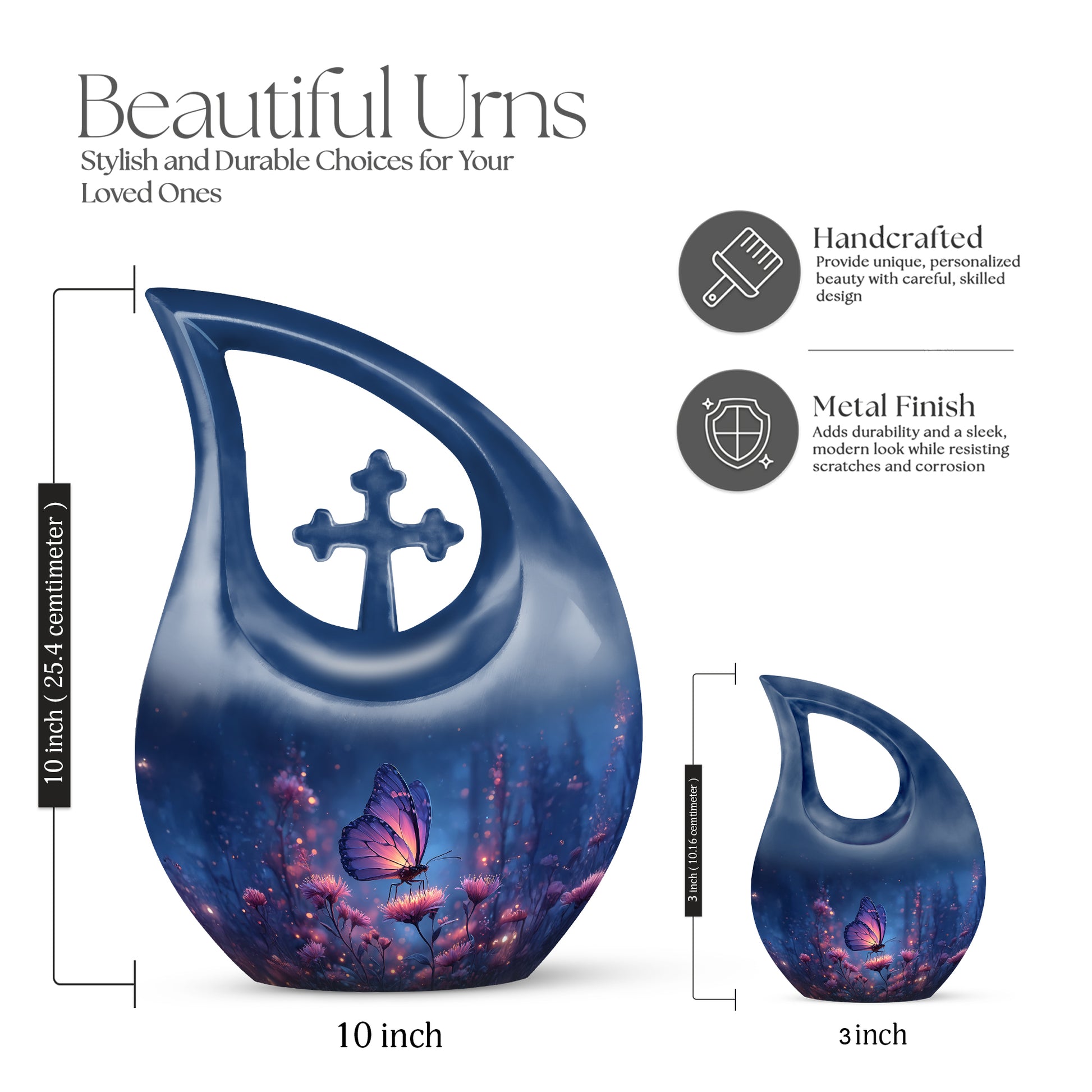 Bright Blue Butterfly Cremation Urn back view with polished surface - devotional cross-drop butterfly engraving - mini keepsake memorial for portion of cremation ashes