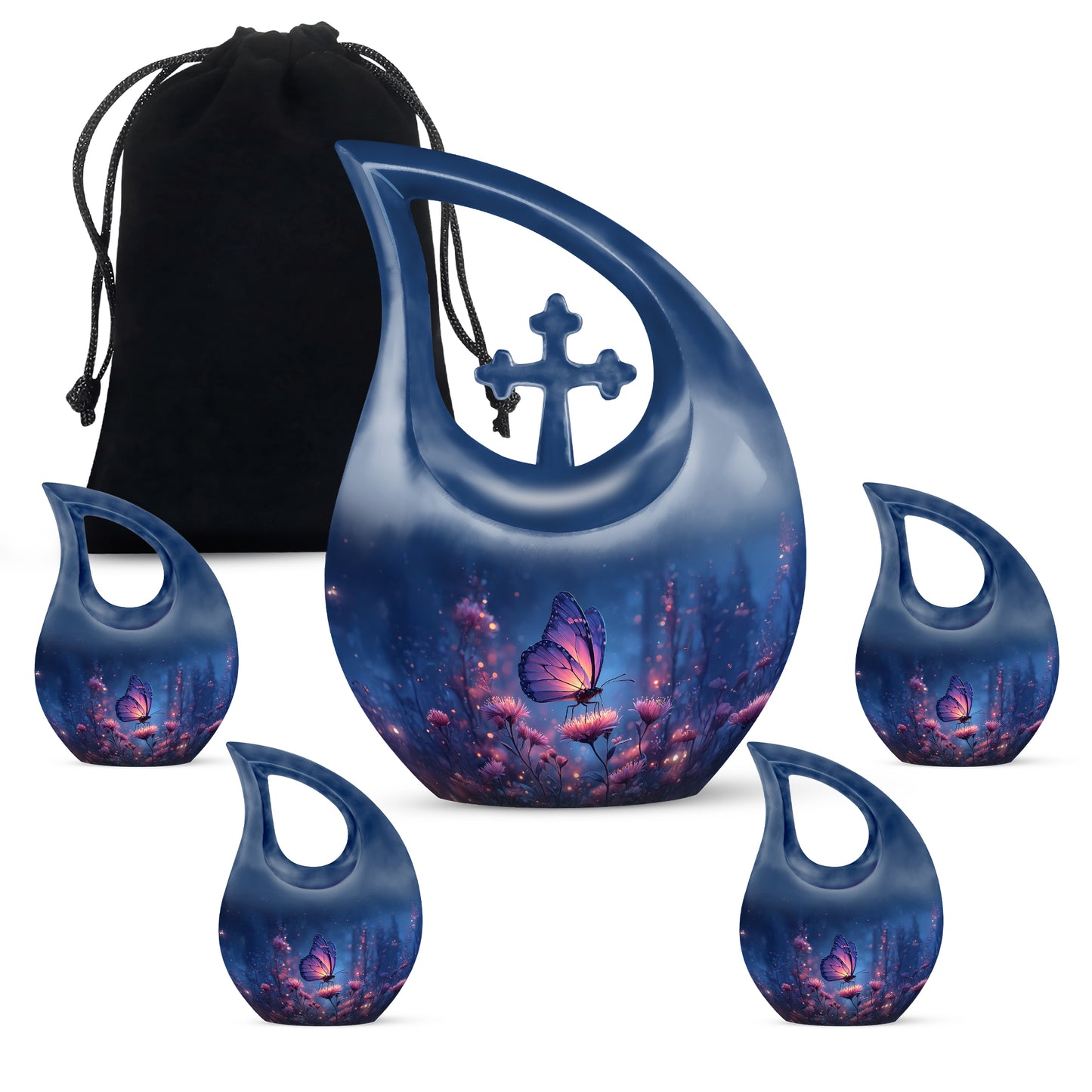 Icy Blue Butterfly Cremation Urn urn with complimentary velvet bag - sacred cross merged with butterfly motif on metal - memorial set with one large and four small urns