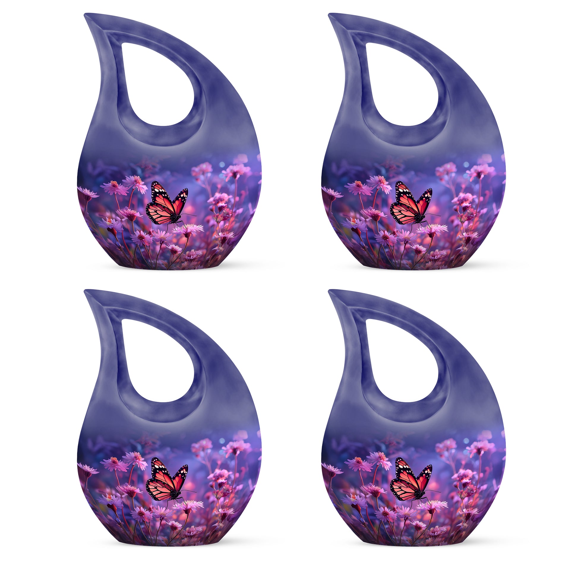Twilight Blue Butterfly Cremation Urn lifestyle display on memorial shelf - faith-inspired cross-drop urn with butterfly pattern - 10 inch aluminum urn for cremated remains