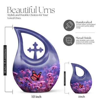 Vivid Blue Butterfly Cremation Urn back view with polished surface - faith-inspired cross-drop urn with butterfly pattern - mini keepsake memorial for portion of cremation ashes
