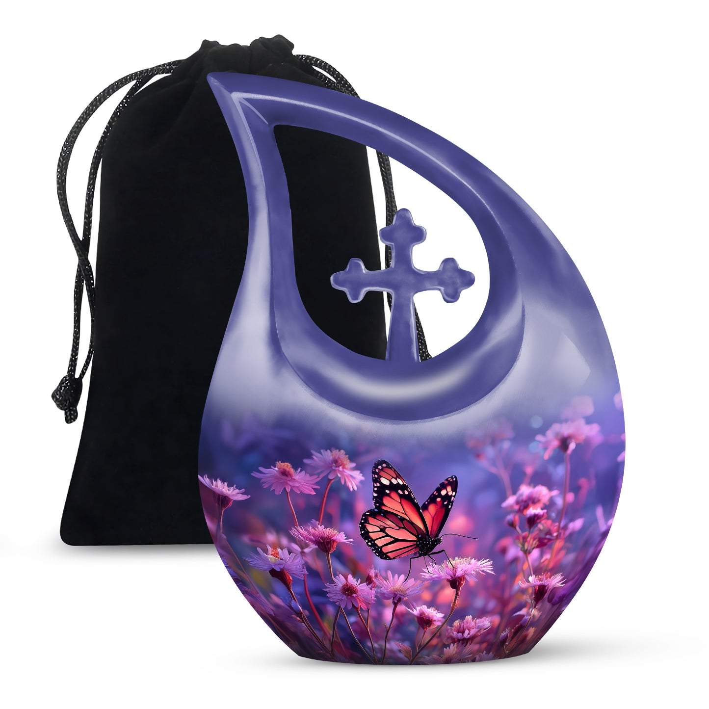 Powder Blue Butterfly Cremation Urn top-down view of secure threaded lid - cross and butterfly combined in spiritual memorial design - full-size 10 inch 200 cubic inch adult cremation urn