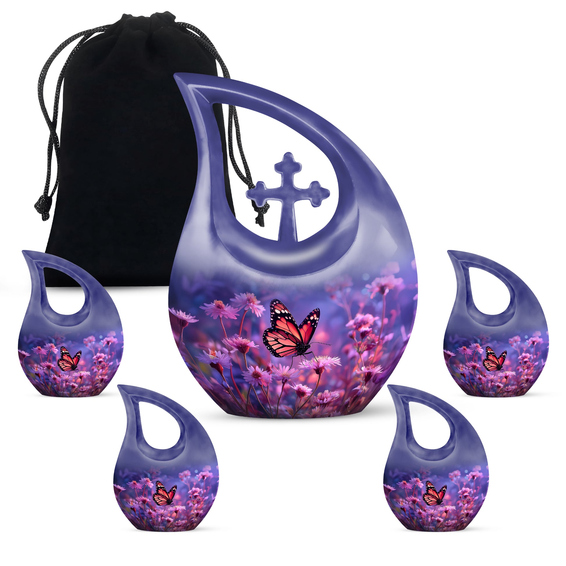 Pastel Blue Butterfly Cremation Urn urn with complimentary velvet bag - sacred cross merged with butterfly motif on metal - memorial set with one large and four small urns