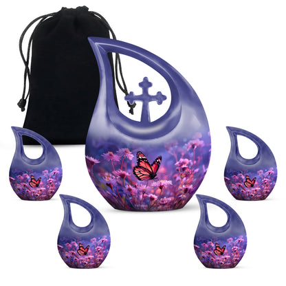 Pastel Blue Butterfly Cremation Urn urn with complimentary velvet bag - sacred cross merged with butterfly motif on metal - memorial set with one large and four small urns