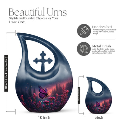 Indigo Butterfly Cremation Urn back view with polished surface - cross and butterfly combined in spiritual memorial design - mini keepsake memorial for portion of cremation ashes