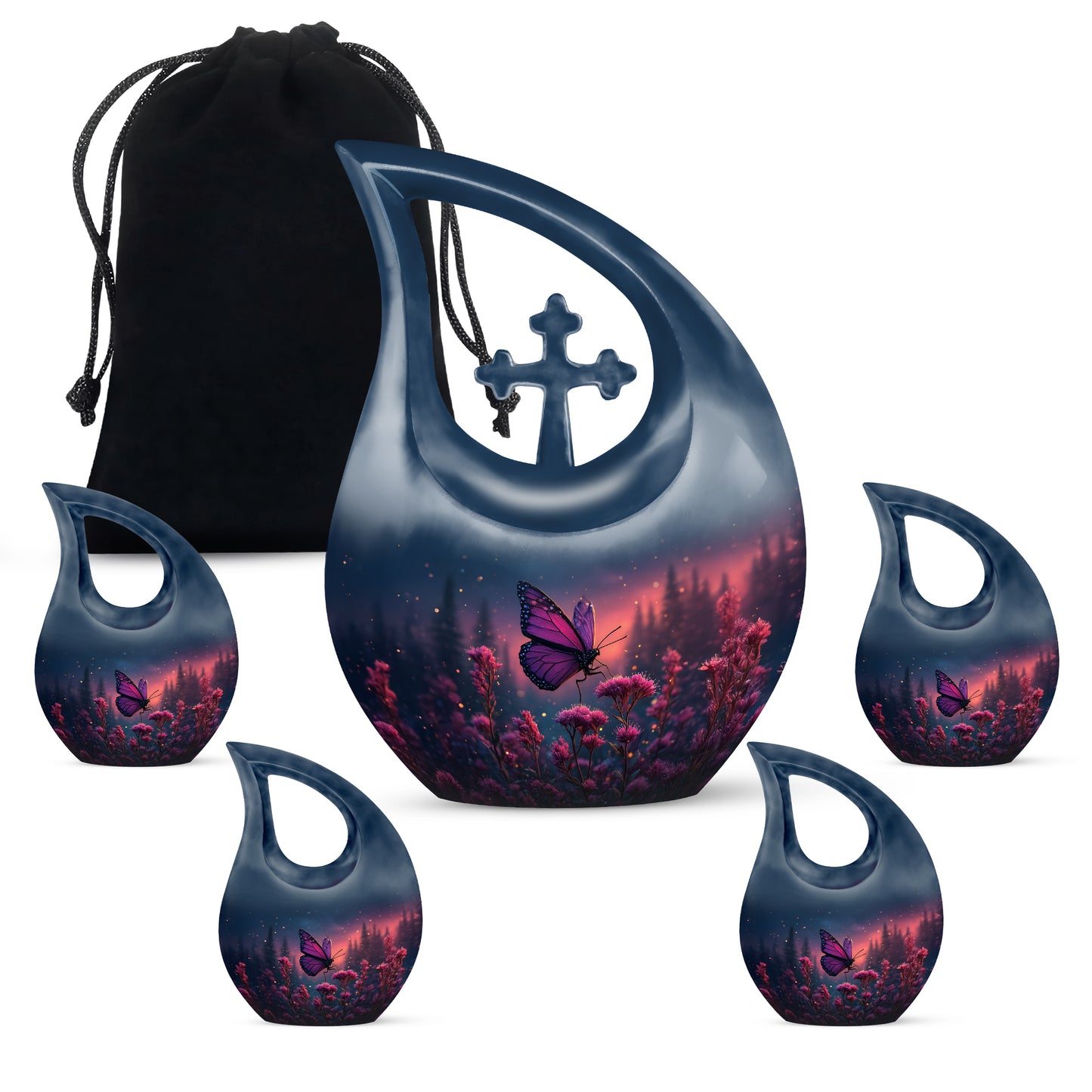Cobalt Blue Butterfly Cremation Urn urn with complimentary velvet bag - devotional cross-drop butterfly engraving - memorial set with one large and four small urns
