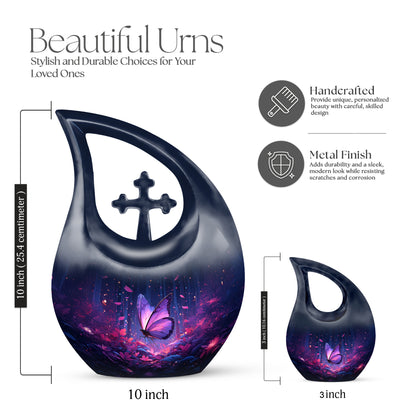 Pastel Blue Butterfly Cremation Urn back view with polished surface - cross and butterfly combined in spiritual memorial design - mini keepsake memorial for portion of cremation ashes