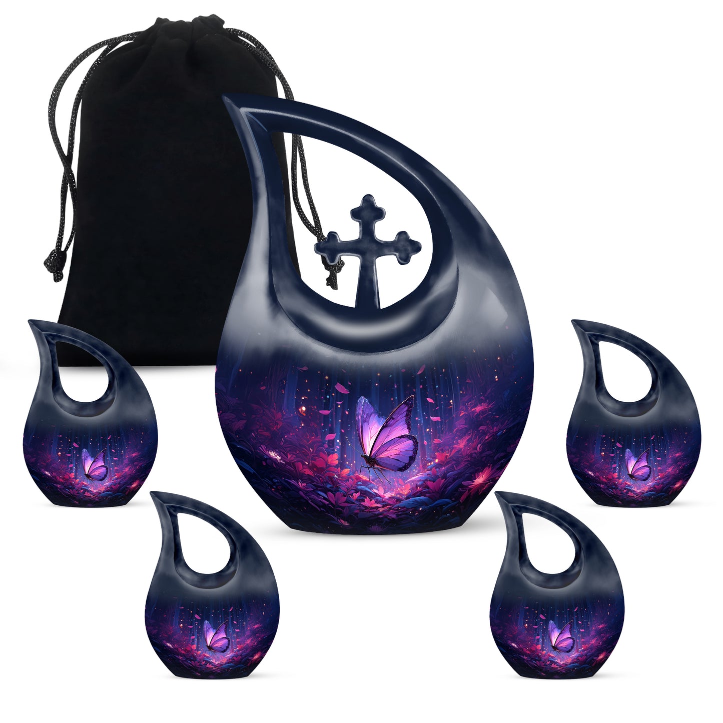 Cobalt Blue Butterfly Cremation Urn urn with complimentary velvet bag - devotional cross-drop butterfly engraving - memorial set with one large and four small urns