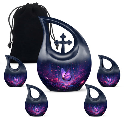 Cobalt Blue Butterfly Cremation Urn urn with complimentary velvet bag - devotional cross-drop butterfly engraving - memorial set with one large and four small urns