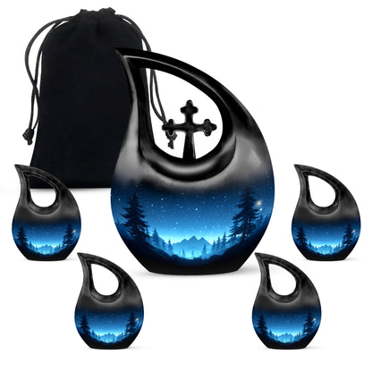 Azure Blue Cremation Urn urn with complimentary velvet bag - cross and blue combined in spiritual memorial design - memorial set with one large and four small urns