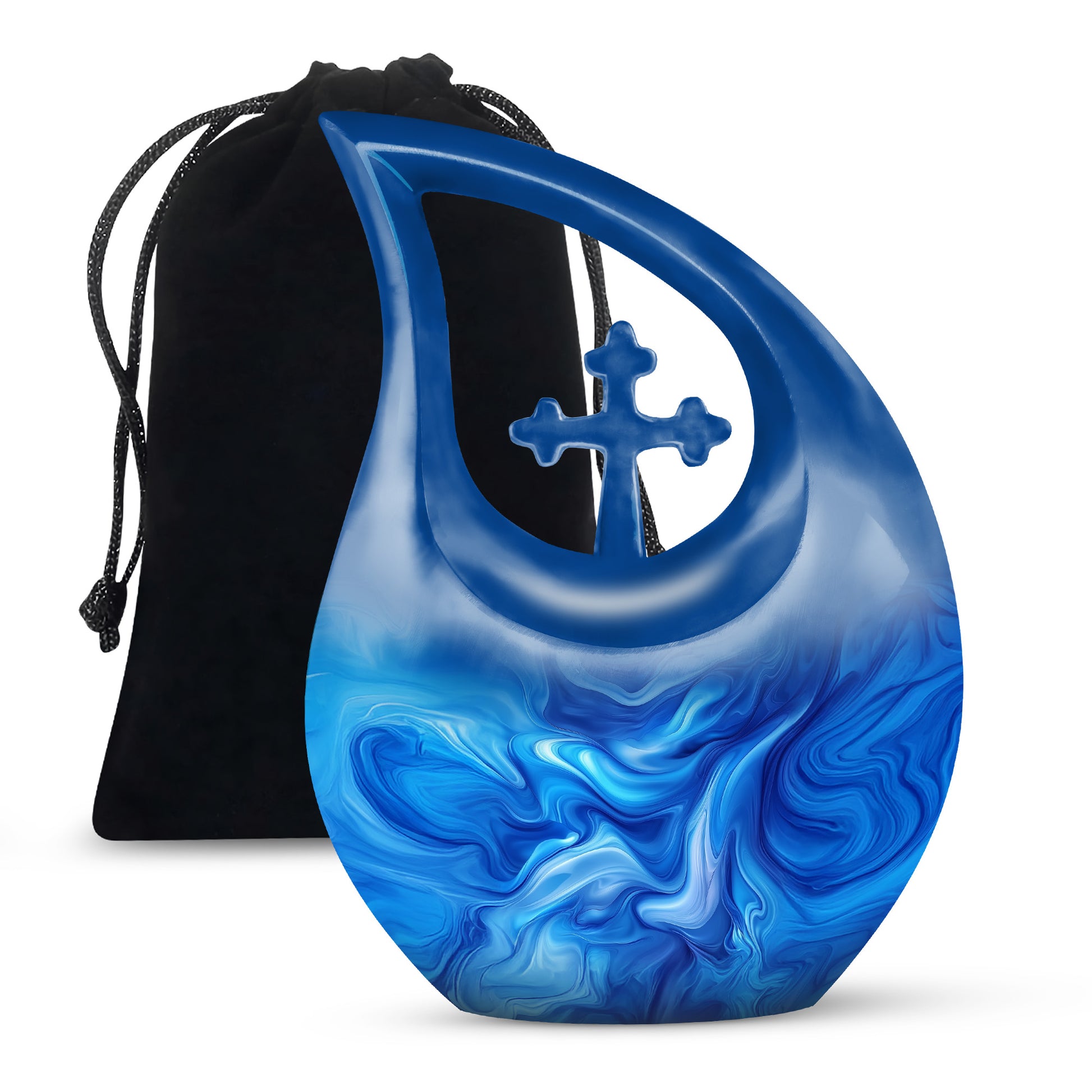 Cobalt Blue Blue Cremation Urn top-down view of secure threaded lid - devotional cross-drop blue engraving - full-size 10 inch 200 cubic inch adult cremation urn