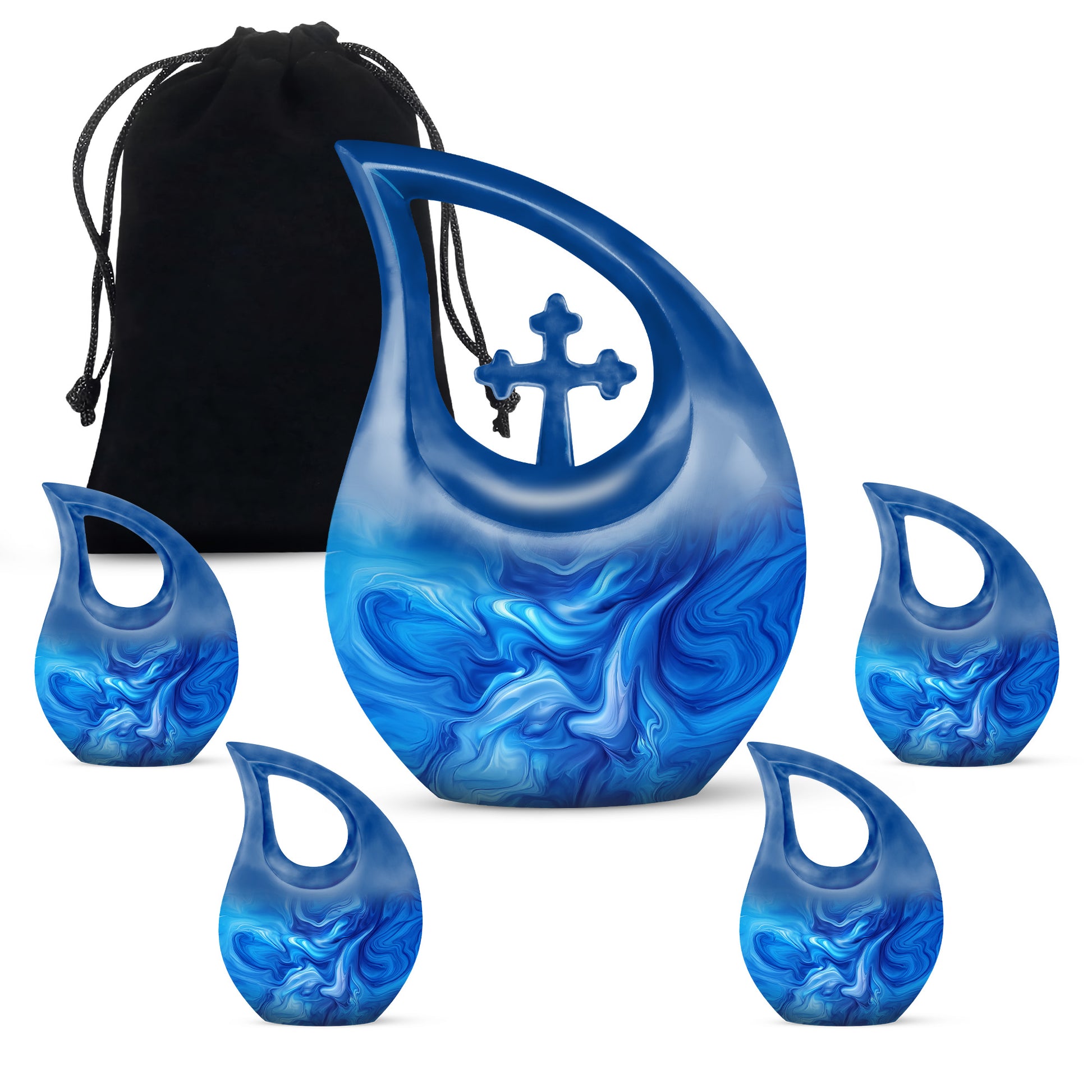 Azure Blue Cremation Urn urn with complimentary velvet bag - cross and blue combined in spiritual memorial design - memorial set with one large and four small urns