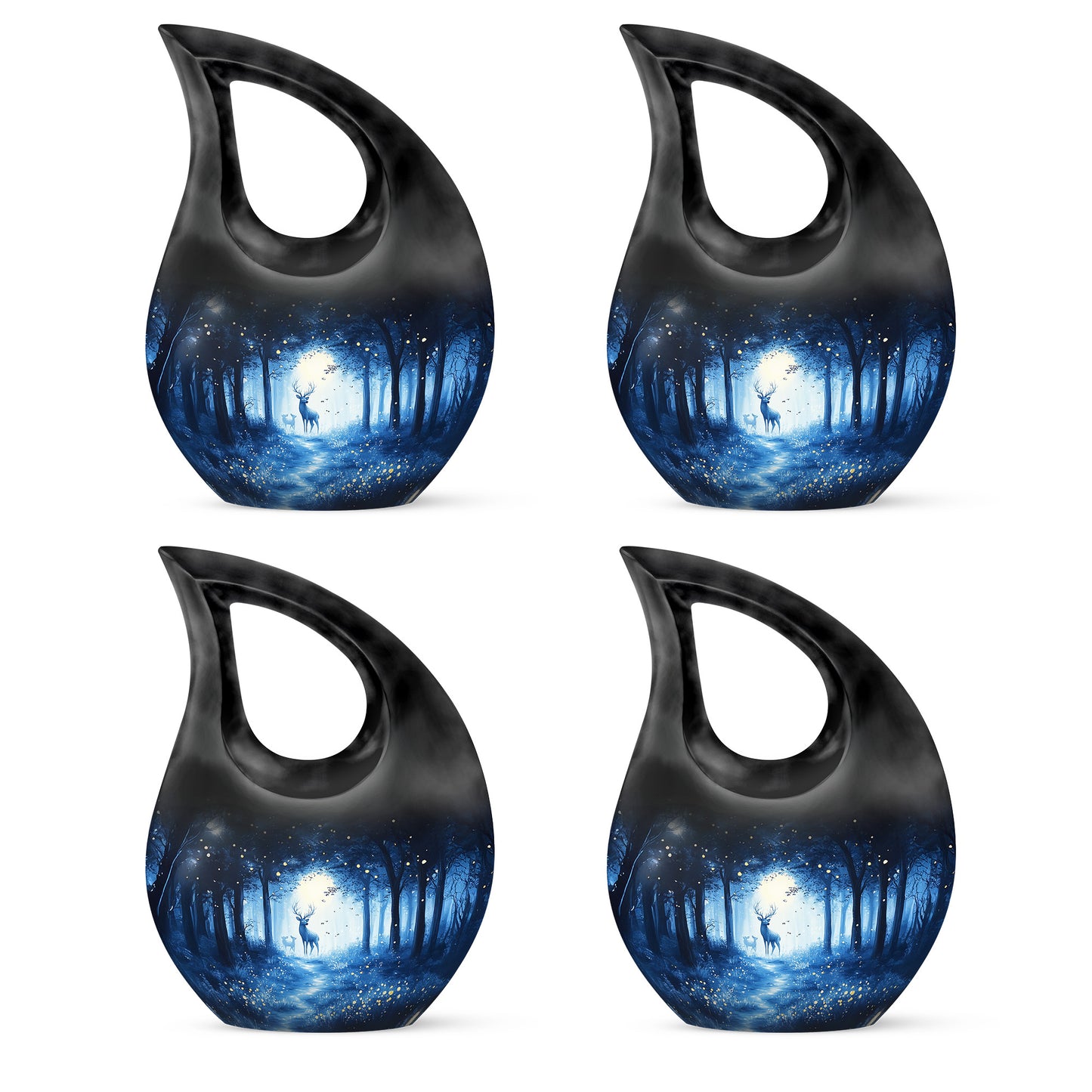 Twilight Blue Blue Cremation Urn lifestyle display on memorial shelf - faith-inspired cross-drop urn with blue pattern - 10 inch aluminum urn for cremated remains