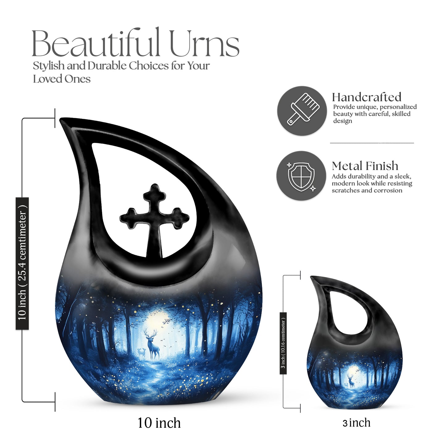 Azure Blue Cremation Urn back view with polished surface - sacred cross merged with blue motif on metal - mini keepsake memorial for portion of cremation ashes