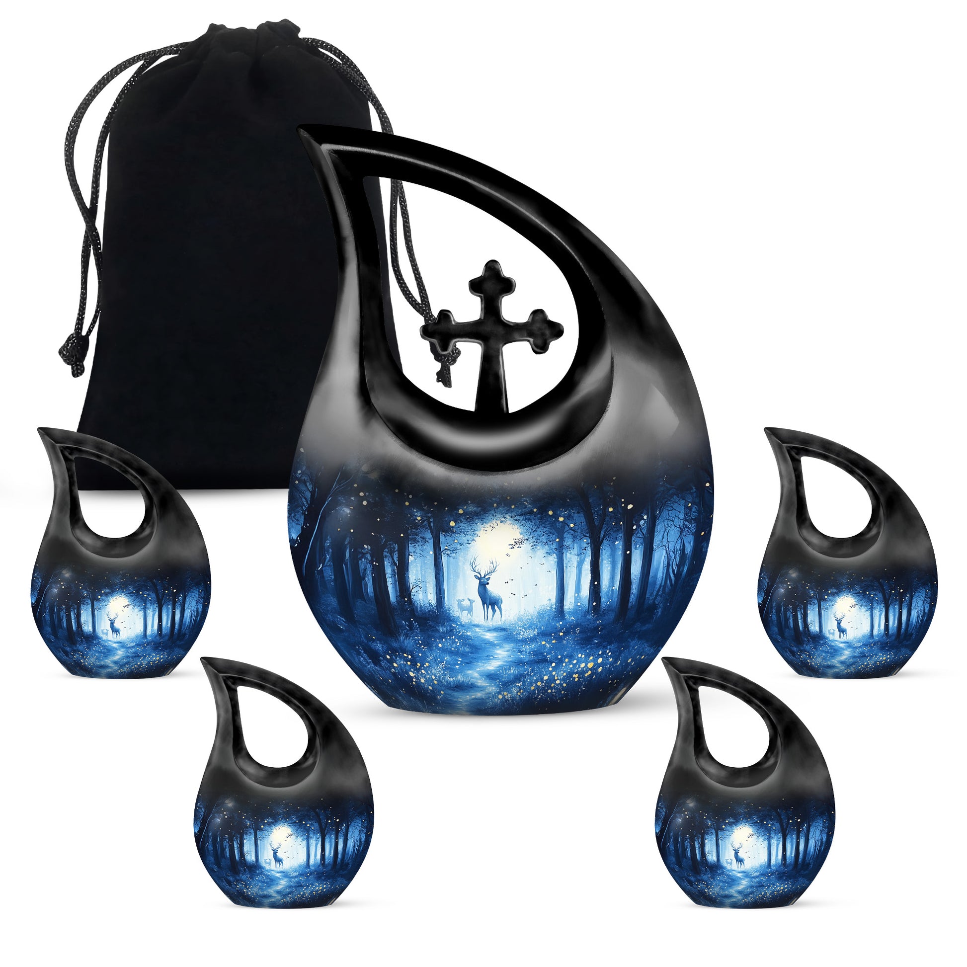 Powder Blue Blue Cremation Urn urn with complimentary velvet bag - sacred cross merged with blue motif on metal - memorial set with one large and four small urns