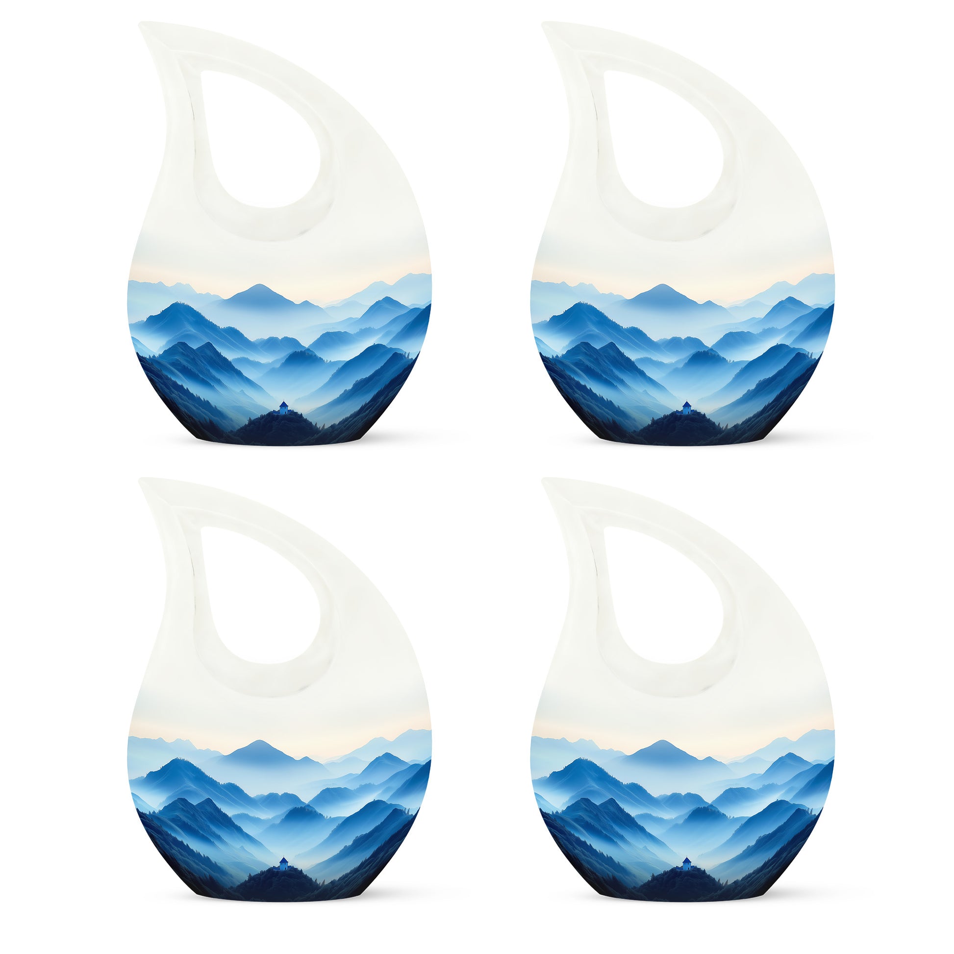 Platinum Silver Blue Cremation Urn lifestyle display on memorial shelf - sacred cross merged with blue motif on metal - 10 inch aluminum urn for cremated remains