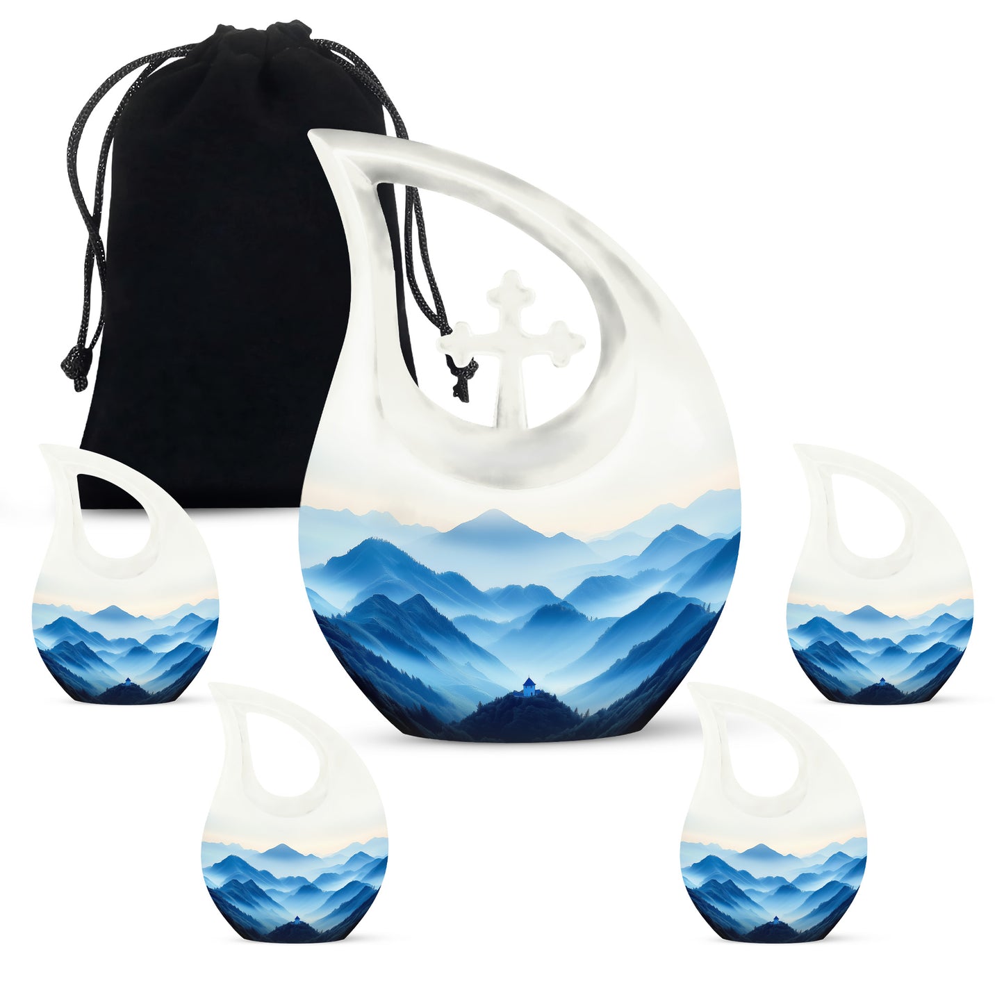Platinum Silver Blue Cremation Urn urn with complimentary velvet bag - cross and blue combined in spiritual memorial design - memorial set with one large and four small urns