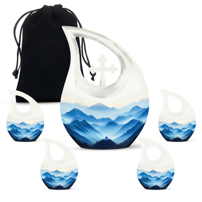 Platinum Silver Blue Cremation Urn urn with complimentary velvet bag - cross and blue combined in spiritual memorial design - memorial set with one large and four small urns