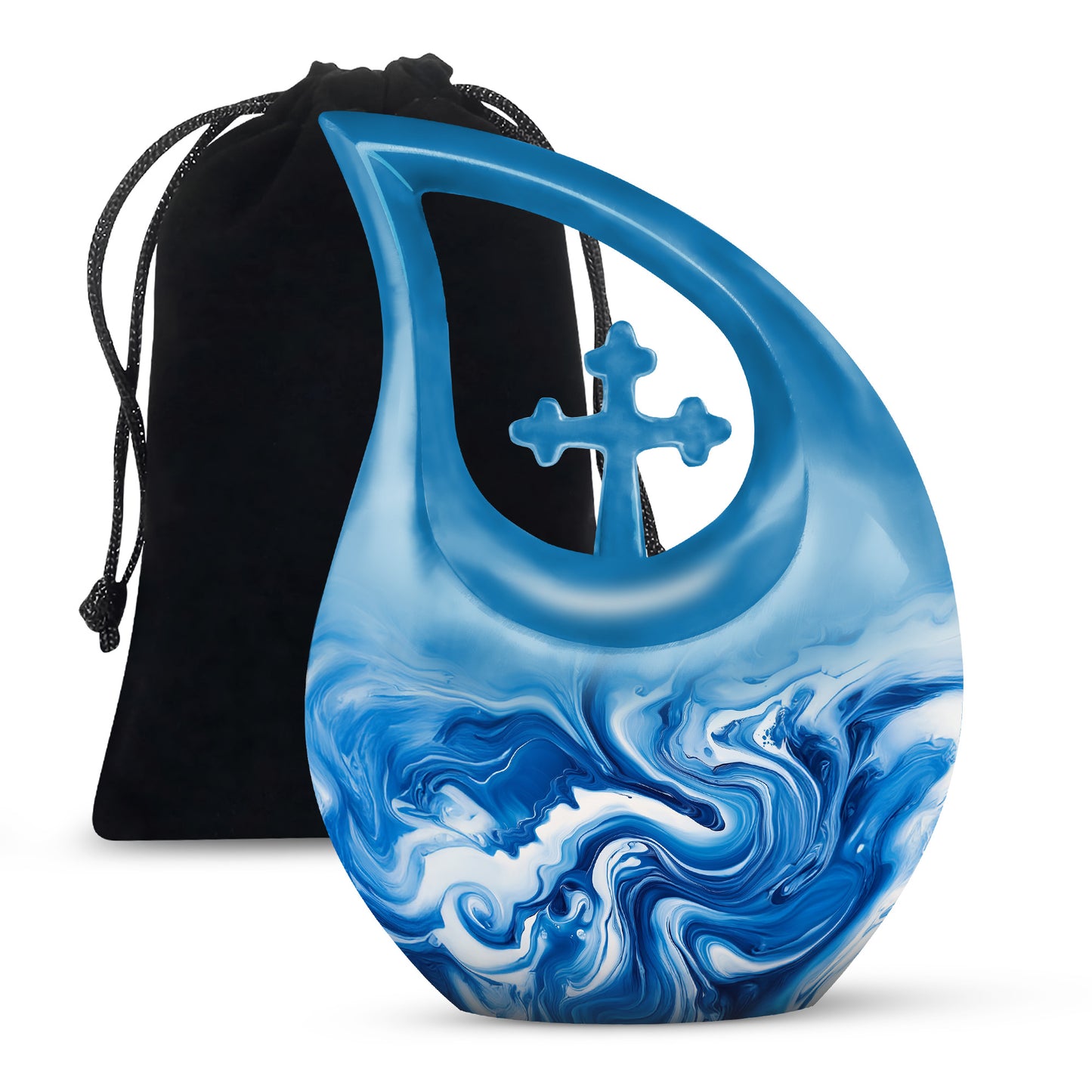 Sapphire Blue Blue Cremation Urn top-down view of secure threaded lid - devotional cross-drop blue engraving - full-size 10 inch 200 cubic inch adult cremation urn