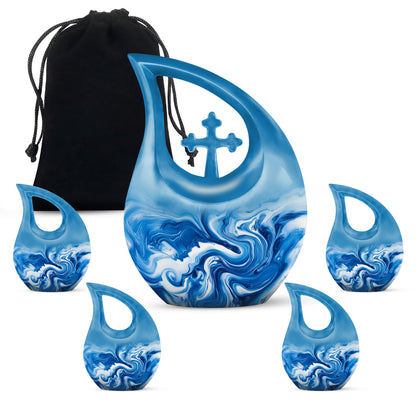 Dusty Blue Blue Cremation Urn urn with complimentary velvet bag - sacred cross merged with blue motif on metal - memorial set with one large and four small urns