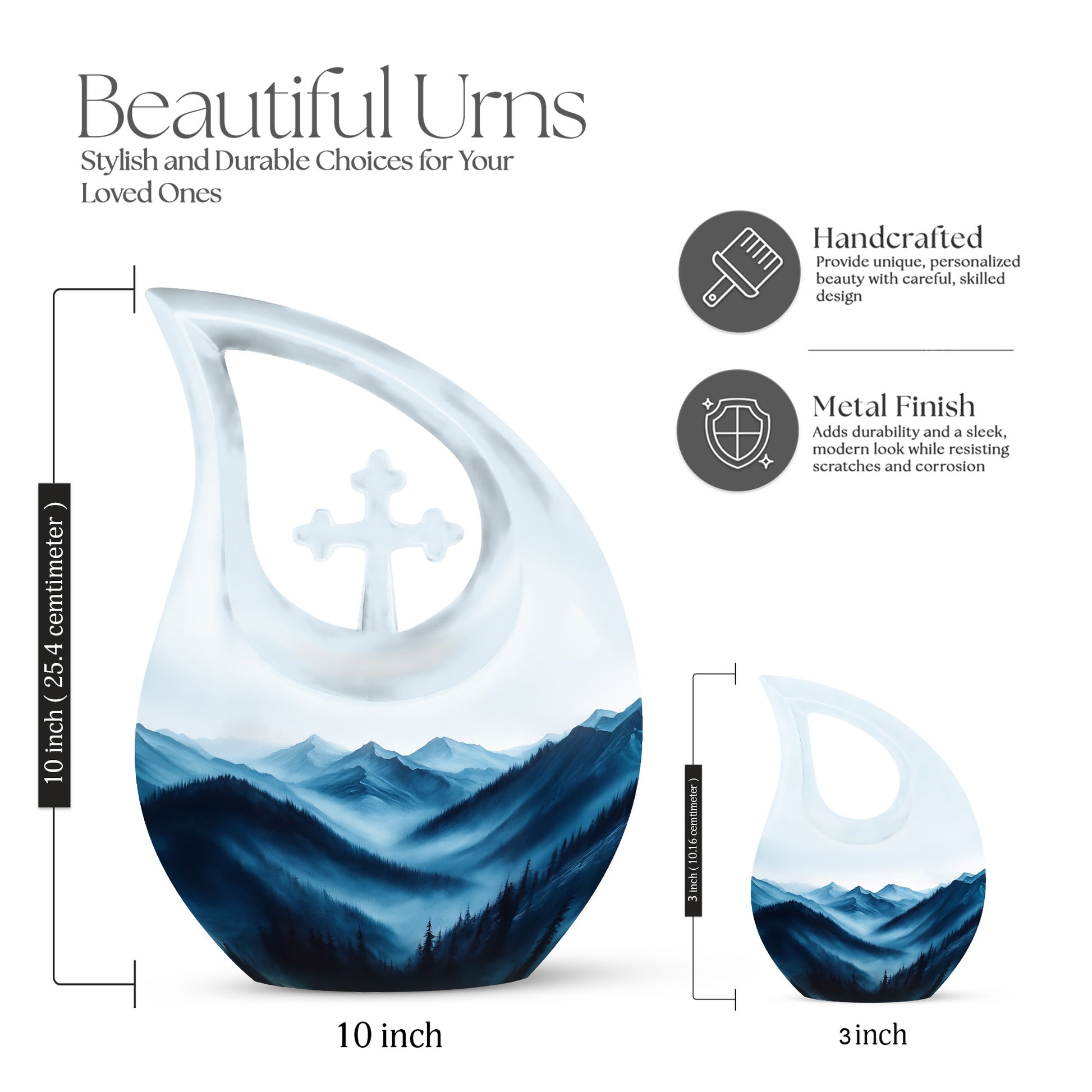 Antique Silver Blue Cremation Urn back view with polished surface - faith-inspired cross-drop urn with blue pattern - mini keepsake memorial for portion of cremation ashes