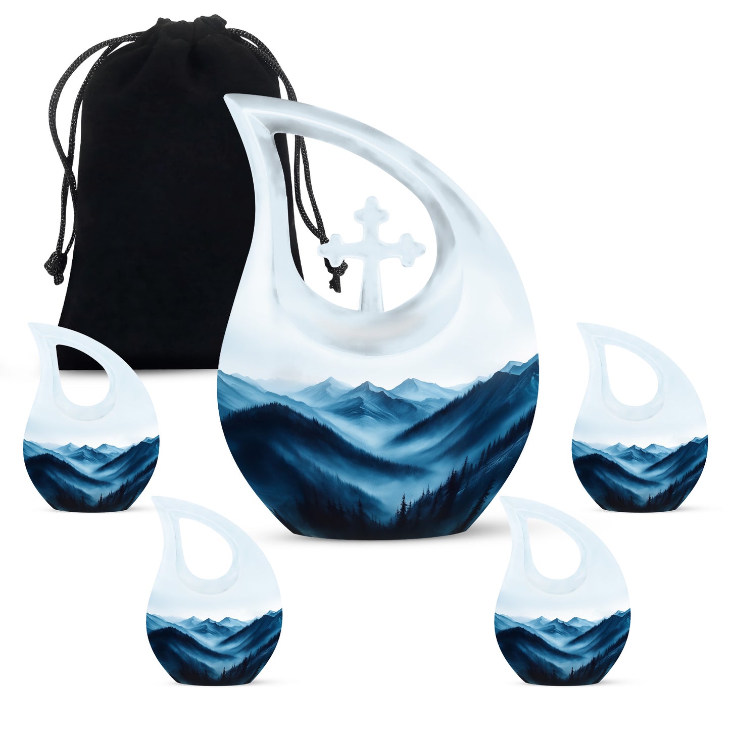 Moonlight Silver Blue Cremation Urn urn with complimentary velvet bag - devotional cross-drop blue engraving - memorial set with one large and four small urns