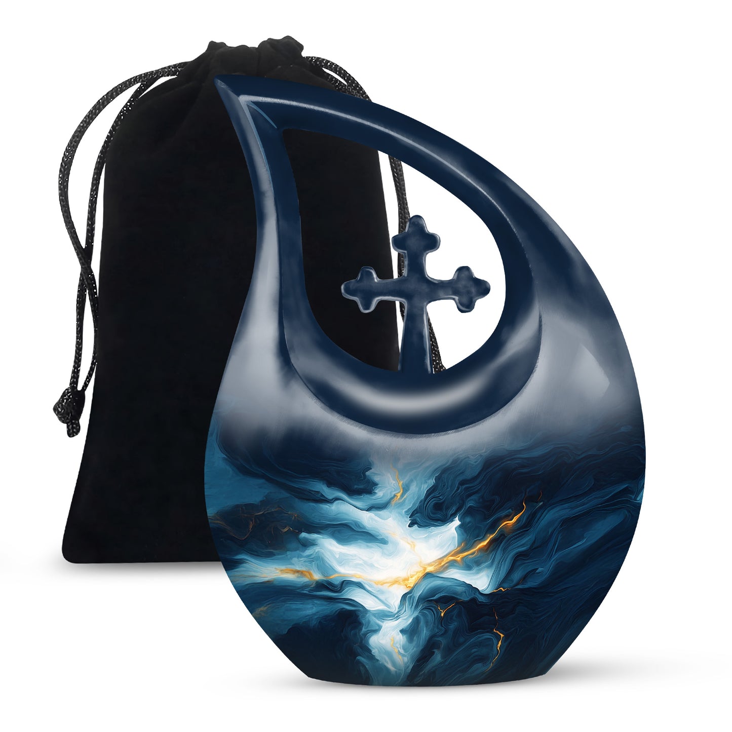 Vivid Blue Blue Cremation Urn top-down view of secure threaded lid - faith-inspired cross-drop urn with blue pattern - full-size 10 inch 200 cubic inch adult cremation urn