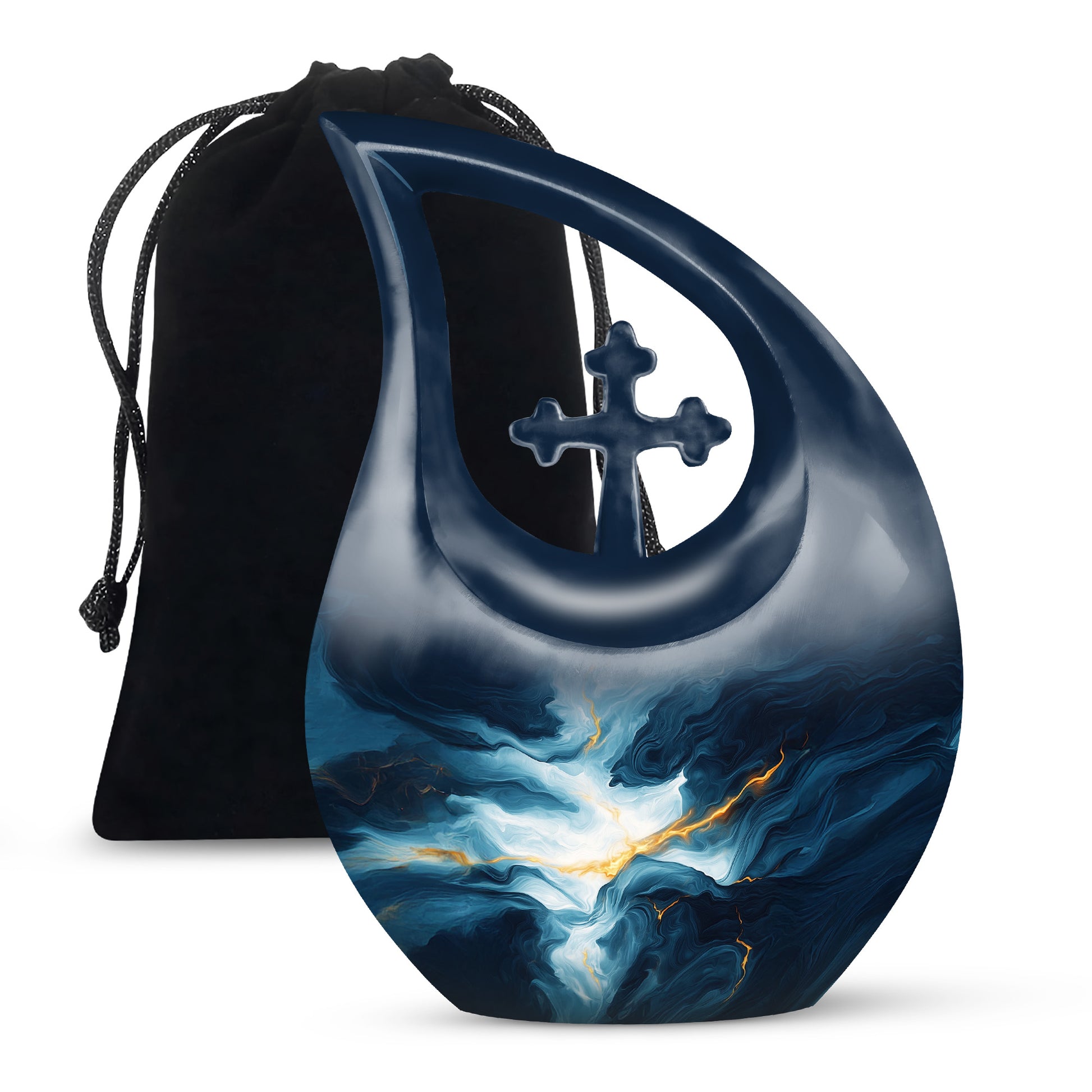 Vivid Blue Blue Cremation Urn top-down view of secure threaded lid - faith-inspired cross-drop urn with blue pattern - full-size 10 inch 200 cubic inch adult cremation urn