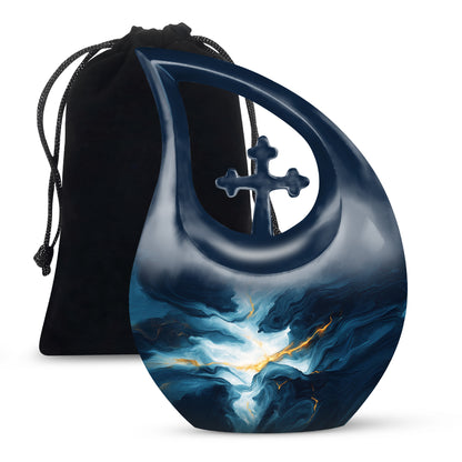 Vivid Blue Blue Cremation Urn top-down view of secure threaded lid - faith-inspired cross-drop urn with blue pattern - full-size 10 inch 200 cubic inch adult cremation urn